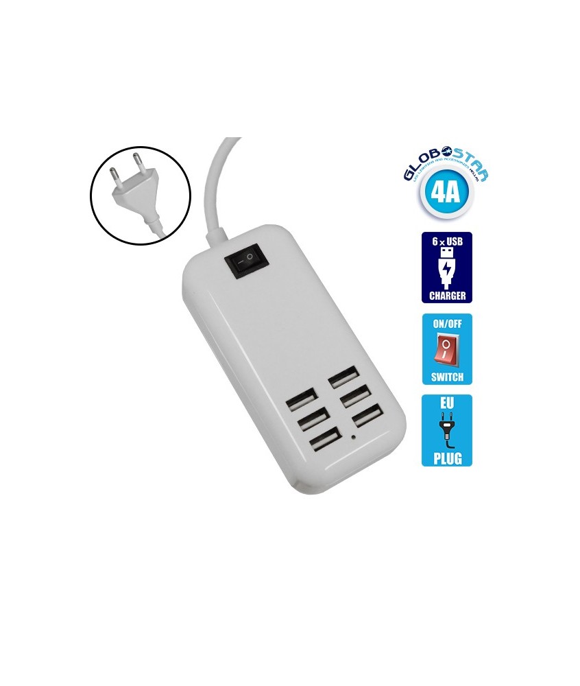 Φορτιστής USB 6 Θέσεων με ON - OFF Διακόπτη 4A 20 Watt 5V DC Λευκός GloboStar 69998